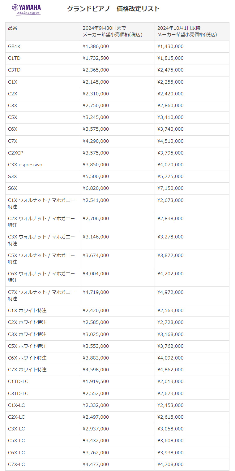 2024年10月～ ヤマハ グランドピアノ価格改定